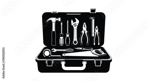 Open toolbox displaying various hand tools in black silhouette