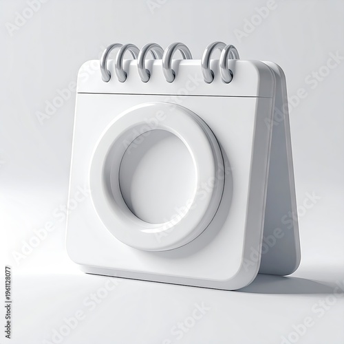 Stylized white calendar, ring-bound, standing, minimalist design, on white