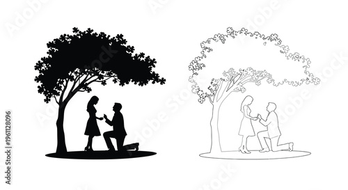 A romantic proposal under trees depicted in striking black and white silhouette