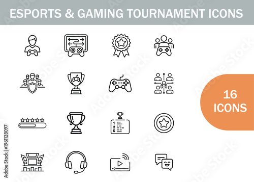 Esports and gaming tournament icons set in a clean linear style