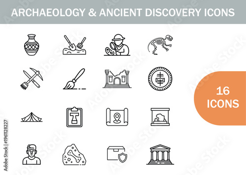 Archaeology and ancient discovery icons depicting tools artifacts and historical sites