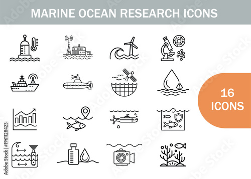 Marine ocean research icons depicting tools vessels and underwater life