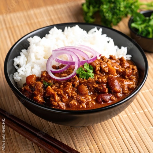Hearty chili with rice and toppings in a black bowl