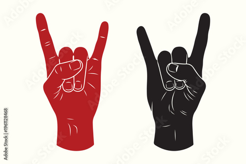 Two hands making the rock on or horns gesture one red and one black outline