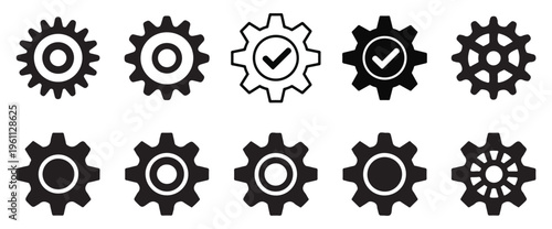 Set of mechanical gear symbols for processing, configuration and task management. vector illustration eps 10