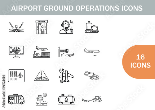 Airport ground operations a collection of sixteen line style icons
