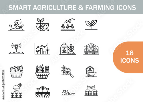 Smart agriculture and farming icons depicting technology plants and agricultural structures