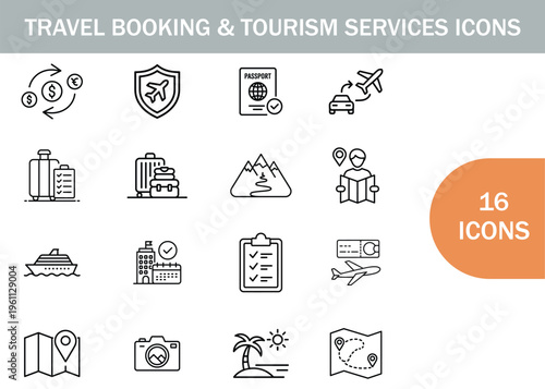 Travel booking and tourism icons depicting various travel related services and destinations
