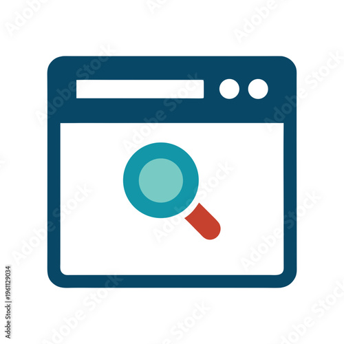 Browser window with magnifying glass search find explore investigate research query analyze browse