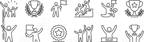 Black line of people celebrating with trophies and flags black line people celebrating winners