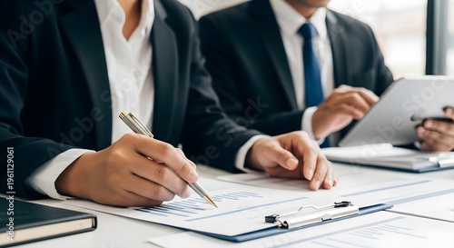 Two businessmen in a meeting one writing on a document