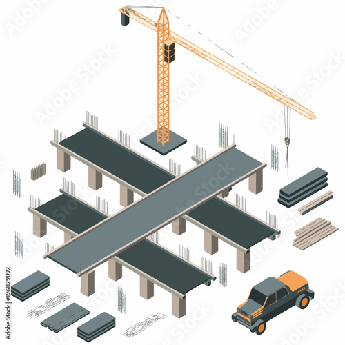 Isometric Bridge Construction Site (Precast Beams, Rebar, Crane) – Vector Illustration