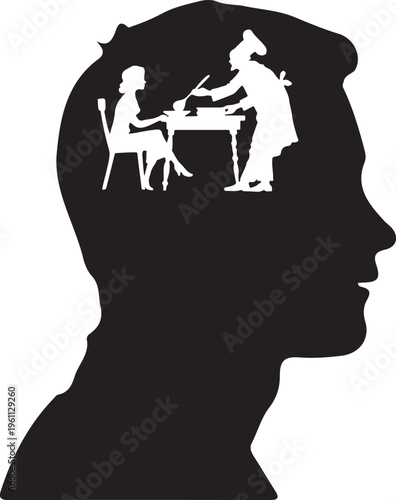 Conceptual Silhouette of Human Head with Interior Scene of Chef Serving a Diner – Culinary Mind and Gastronomy Concept Art