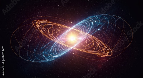A conceptual image showing the complex distortion of space and time, representing theoretical gravitational fields and cosmic attraction, dynamics, gravity, movement
