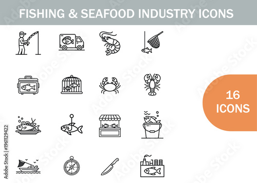 Fishing and seafood industry icons set in linear style representing various elements