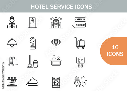 Hotel service icons depicting amenities and features for guest convenience
