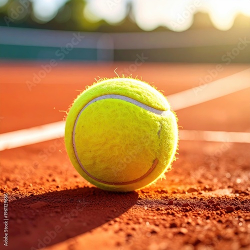 Bright yellow sphere on a red-clay court, angled sunlight