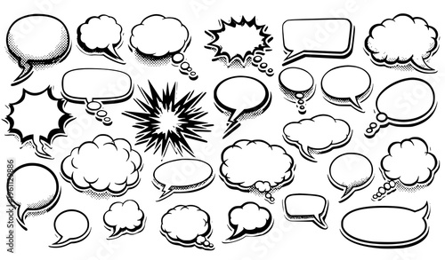 A collection of comic book style speech bubbles and thought clouds