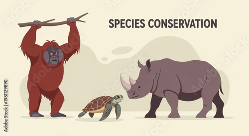 Illustration of a caveman protecting endangered species including a rhino and turtle with a shield