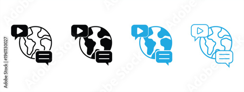 Global media communication icon set with speech bubbles and globe, video player icon and chat bubbles representing online content sharing, social interaction, social media and online translation.
