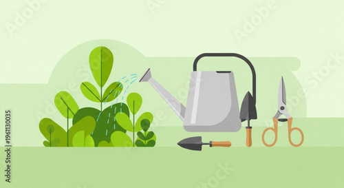 Gardening tools and green plants with watering can on light green background for hobby and leisure activities