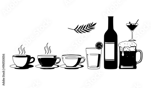 A black and white vector graphic illustration of various drinks and a bottle
