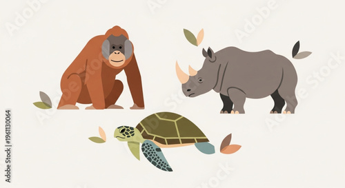 An illustration of a gorilla, rhinoceros, and turtle with leaves on a beige background