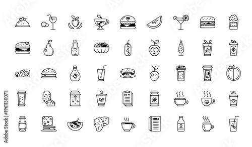 A set of black and white line art icons depicting various food and drink items