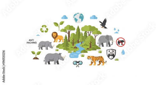 A colorful illustration of a vibrant ecosystem with various animals and eco-friendly symbols on a clean white background