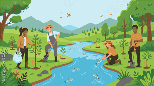 People Planting Trees and Releasing Fish for Environmental Conservation