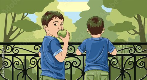 Two young boys enjoy a sunny day outdoors, one eating an apple