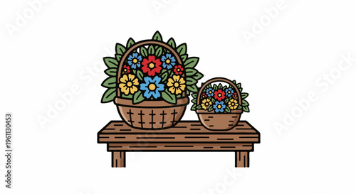 Two woven baskets overflowing with colorful flowers on a wooden shelf