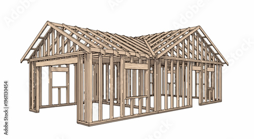 Unfinished wooden structure of a house with roof framing exposed