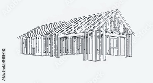 Unfinished wooden frame of a building with exposed roof trusses and walls