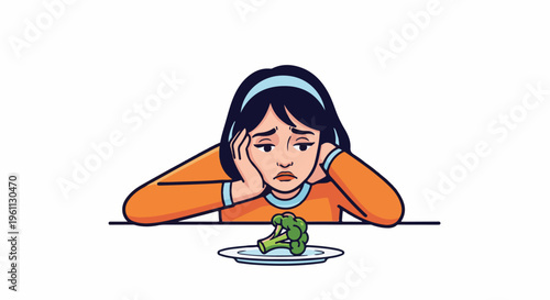 Unhappy person staring at single broccoli floret on plate