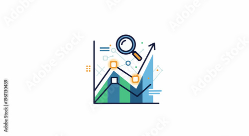 Upward trend graph with magnifying glass for analysis