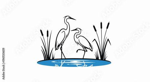 Two graceful birds stand by cattails reflecting in a serene pond