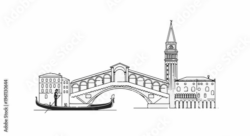 Venetian canal scene with a gondola and a famous arched bridge