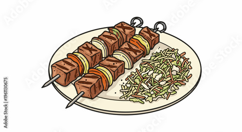 Two grilled meat and vegetable skewers served with a side of coleslaw on a plate