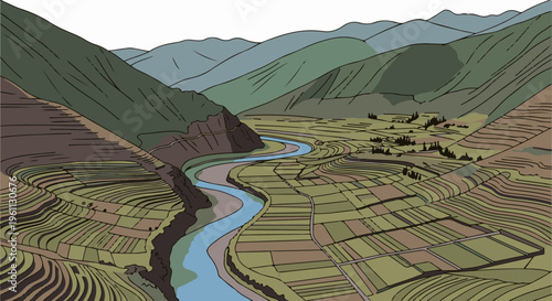 Verdant terraced fields and a winding river carved through mountainous terrain