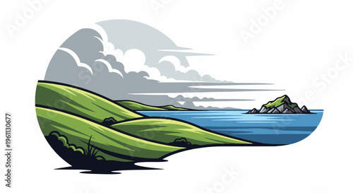 Verdant rolling hills meet calm blue water with a small, rocky island offshore