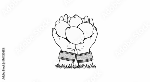 Two hands cupping four lemons, grass at bottom