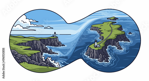 Two lighthouses guard rocky cliffs overlooking a turbulent sea