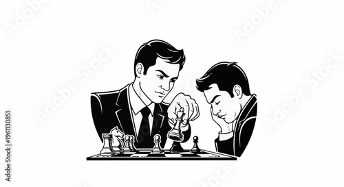 Two men intensely focused on a chess game, one making a move
