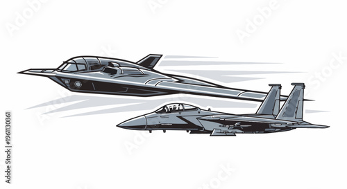 Two modern military fighter jets flying in formation against a white background