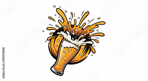 Vibrant orange beverage splashing from a glass, with bubbles