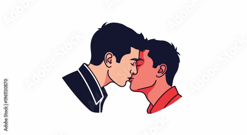 Two men share an intimate kiss, heads tilted