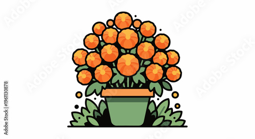 Vibrant orange flowers bloom in a green pot with lush foliage
