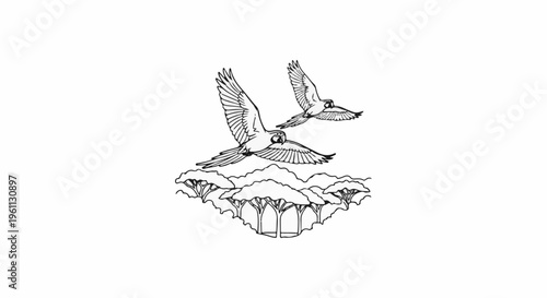 Two parrots fly over a stylized forest canopy