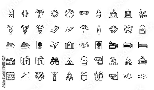 A collection of minimalist line art icons representing various summer vacation and travel concepts